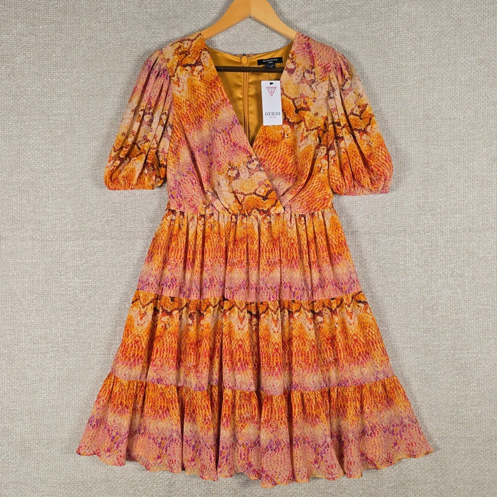 Marciano Guess Womens Orange Snakeskin Plisse Tiered Mini Dress Size 4 Party